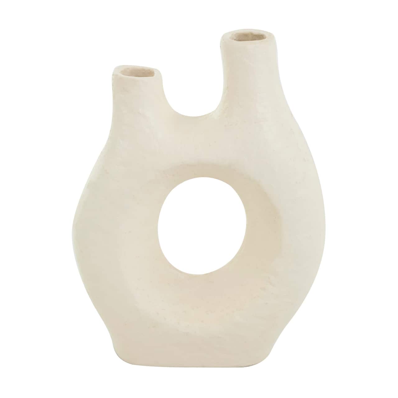 12" Beige Paper Mache Abstract Rounded Vase with Double Openings